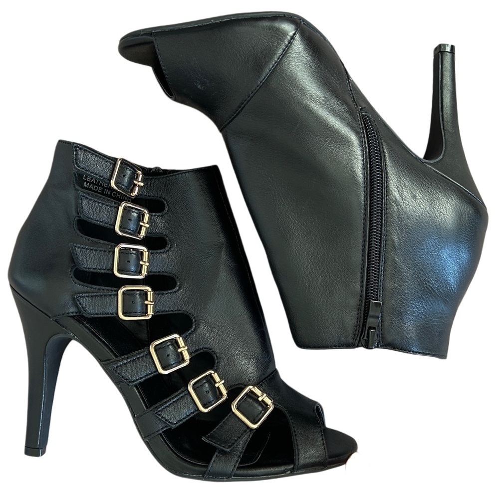 Lane Bryant Black Leather Gold Accents Heel Pump Open Toe Booties Size 10W